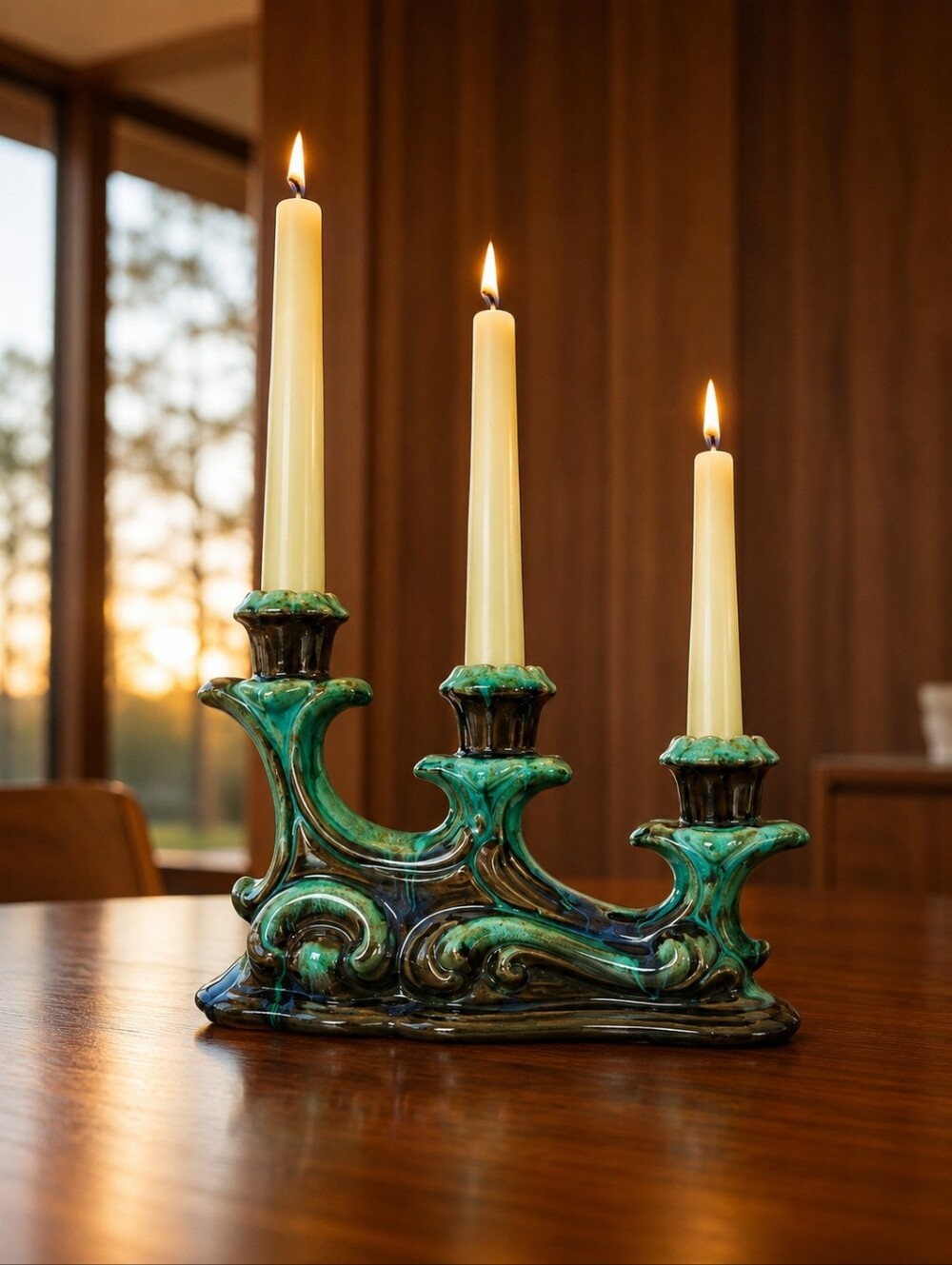 Vintage Blue Mountain Pottery Canada Triple Taper Candle Holder Green Glaze
